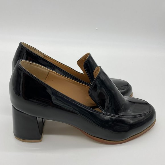 NWOT Glossy Black Heels Closed Round Toe Pumps Maryjane Block Heel Chunky - Picture 6 of 8